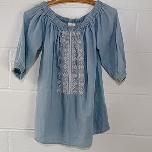 Beach Lunch Lounge BLL Boho Chambray‎ Peasant Top SMALL 1/2 Sleeve Smocked Tunic
